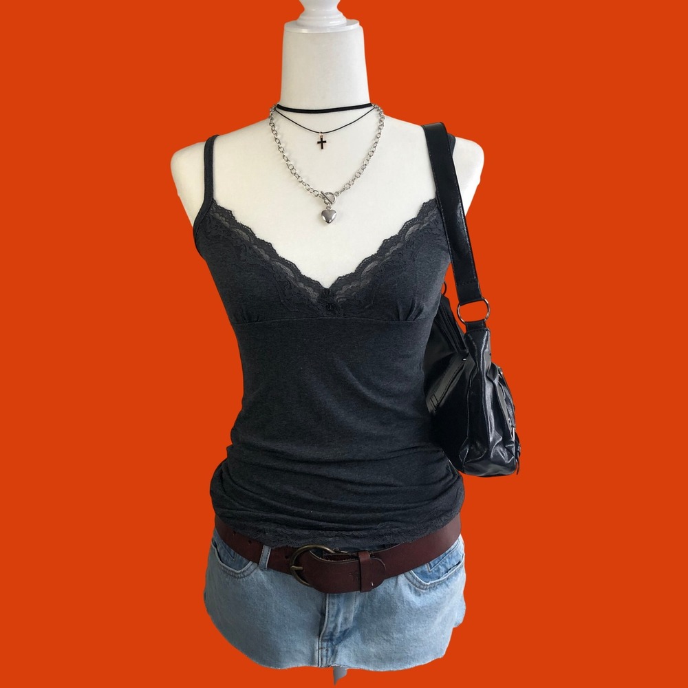 Vintage Y2K Charcoal Grey Lace Trim Cami Top Small Downtown Girl Dark Coquette